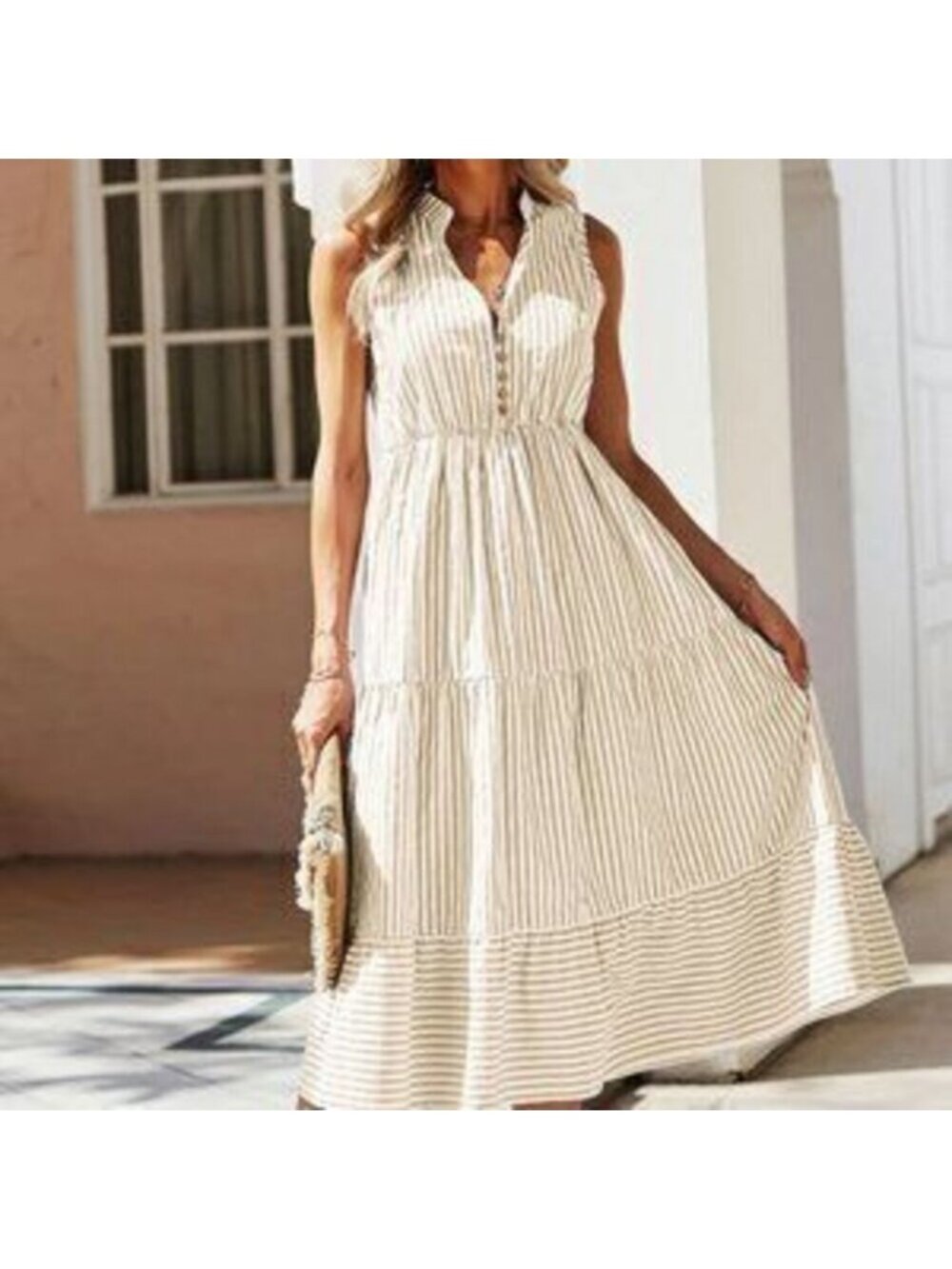 Multicolor Boho Womens Striped Print Notched Neck A-line Dress - Picture 1 of 3
